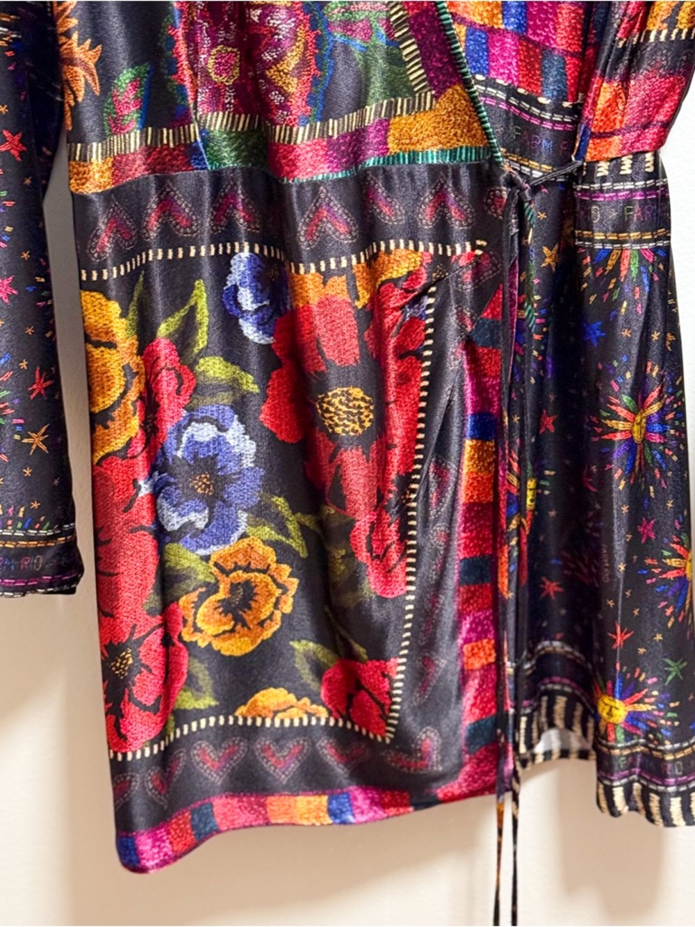 Farm rio colorful scarf print wrap dress tropical vacation floral mini M resort - Picture 7 of 13